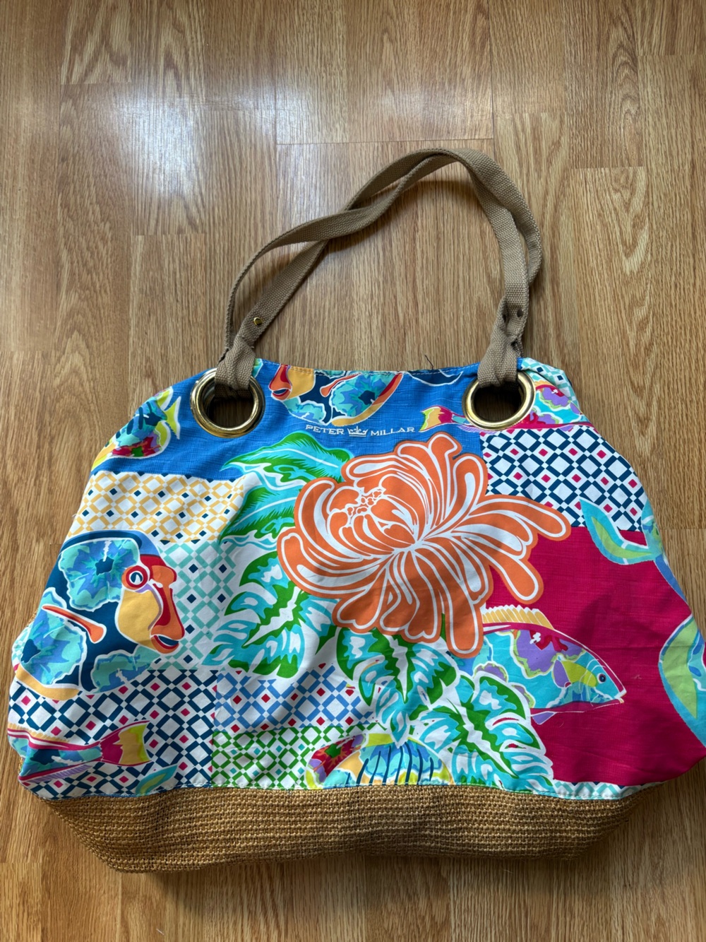 Rare peter Millar Burlap fish leaves big print beach tote with purse large